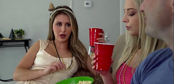  Teen stepsisters Lily Larimar and Paige Owens putting party hat on their tits to seduce bro